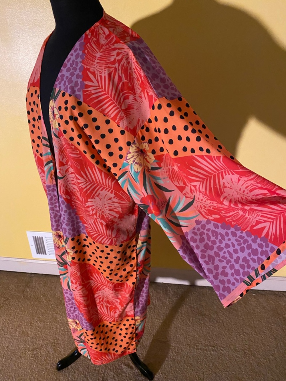 Vibrant Patchwork Tropical Kimono - Coral, Purple, Orange